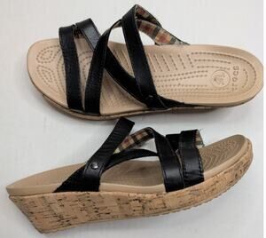 Crocs A Leigh Slide Sandals Women's Size 8 Black Cork Wedge Strappy Leather Shoe